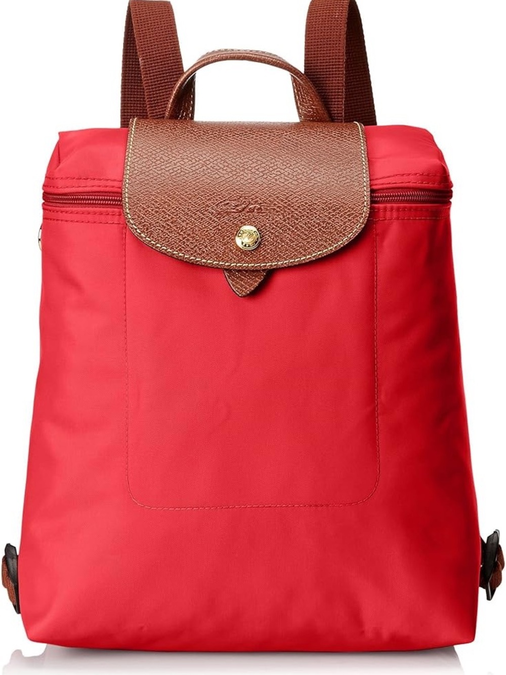 Longchamp Le Pliage Backpack – Red | Brown Leather Trim